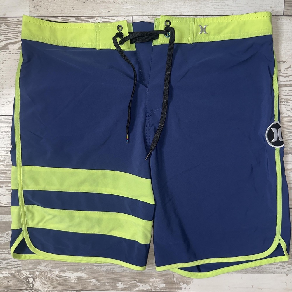 Hurley Phantom Board Shorts Mens 34 Blue Neon Stripe Drawstring Stretch Trunks